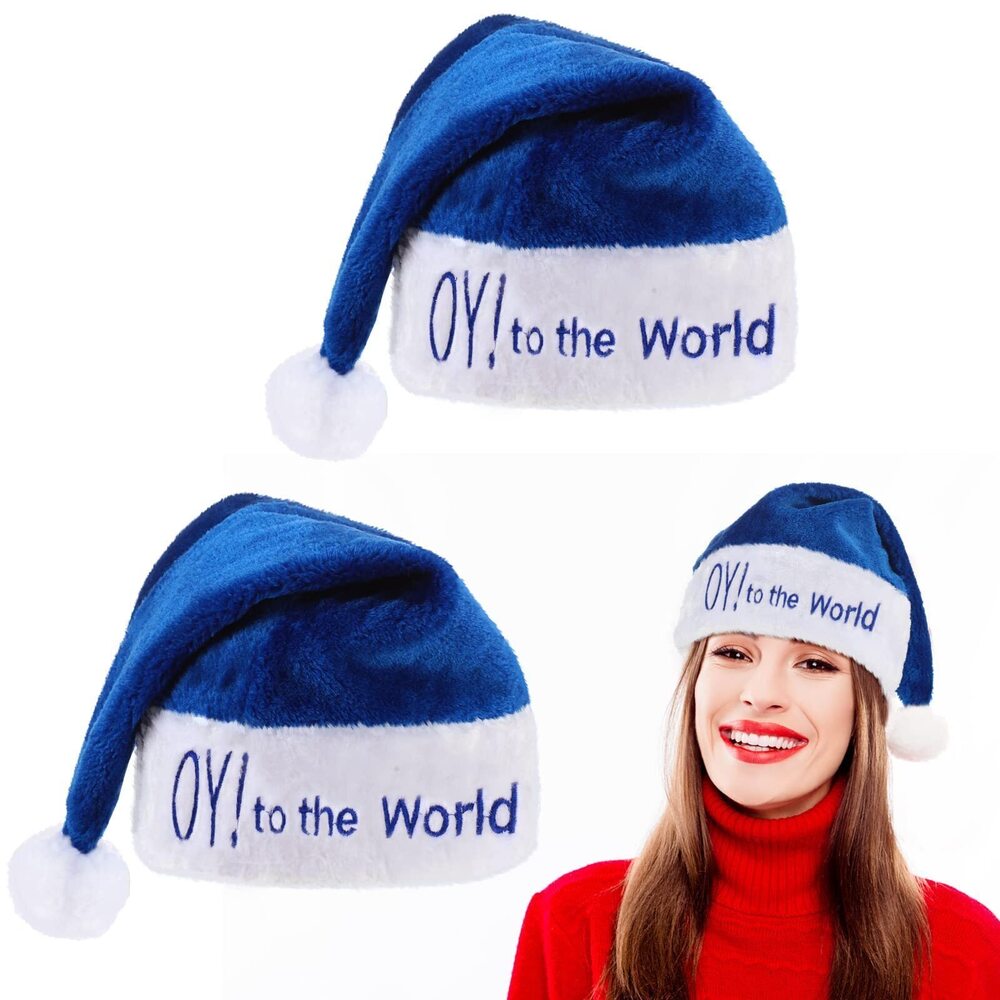 8023 2 Pcs Blue Santa Hat OY to The World Stocking Cap Jewish Costume Soft